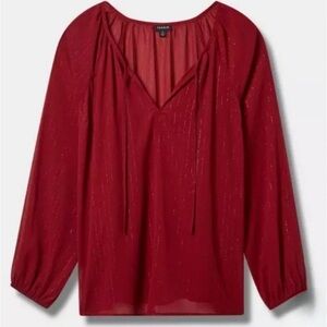Torrid Women’s size 3 Blouse Crinkle Chiffon Tie Front Long Sleeve Top Red